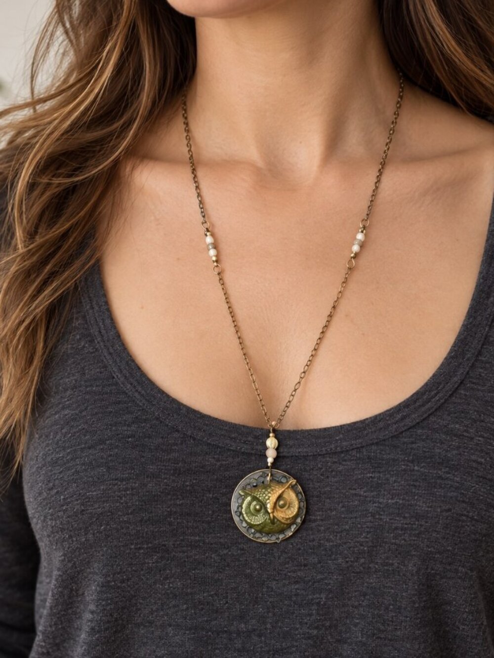 Vintage Mixed Metal Owl Pendant‎ Necklace Green Enamel Boho Whimsigoth Long